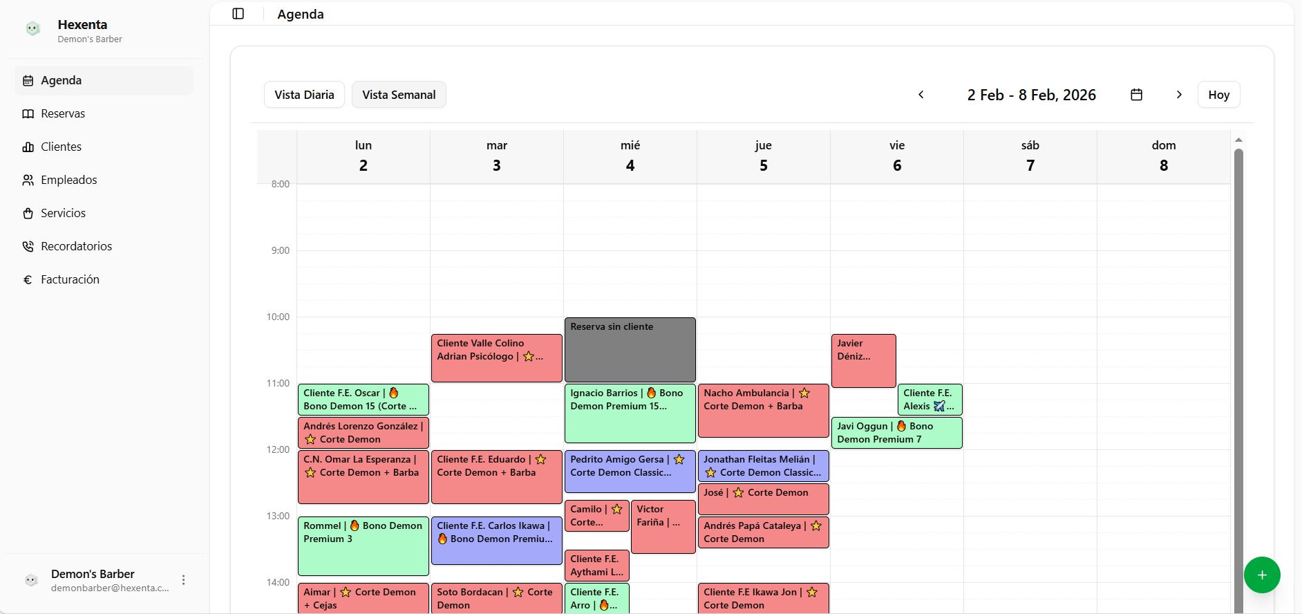 Panel de gestión de Hexenta - Vista semanal de agenda con citas